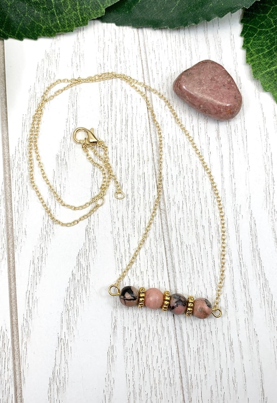 Pink Rhodonite Gemstone Bar Necklace • Boho Dainty Pink Jewelry