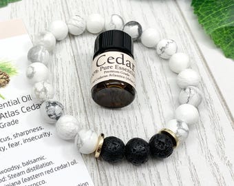 Howlite Essential Oil Diffuser Bracelet, Handmade Beaded Gemstone Aromatherapy Jewelry