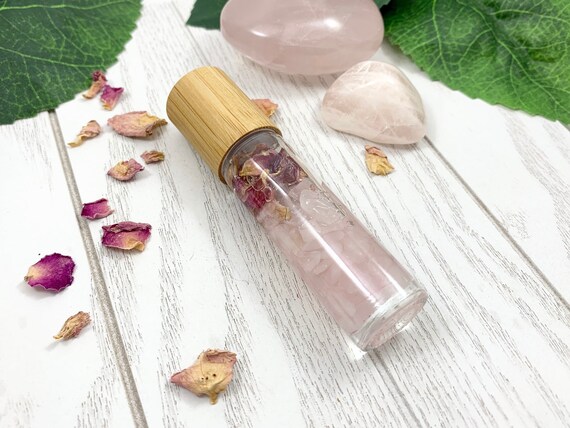 Rose Essential Oil Roller Infused with Rose Quartz and Rose Petals • Aromatherapy Roller • Rose Body Oil • Anxiety Relief