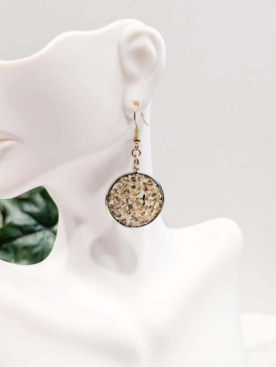 Gold Shell Resin Coin Earrings — Iridescent Seashell Drop Jewelry