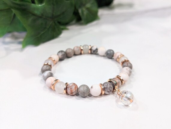Pink Zebra Jasper Charm Bracelet — Rose Gold & Crystal Beaded Jewelry