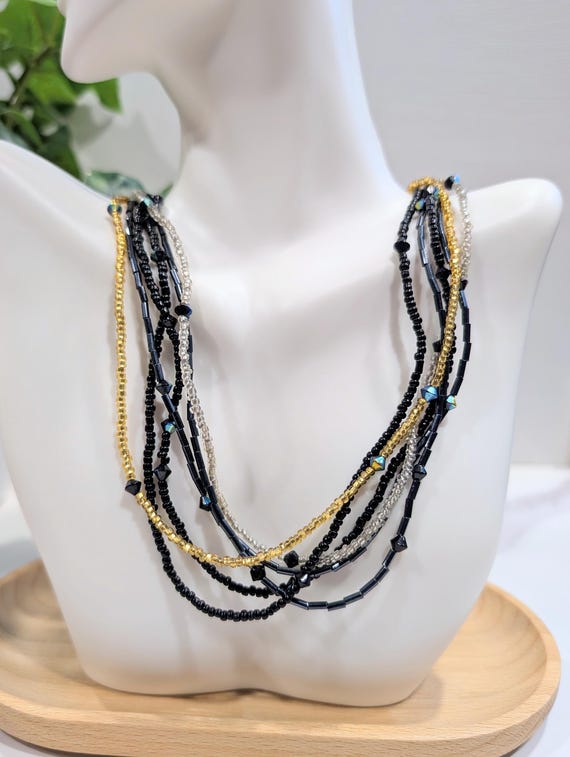 Black and Gold Multi-Strand Beaded Necklace • Glass Seed Beads Layered Necklace • Magnetic Clasp Jewelry • Boho Statement Necklace