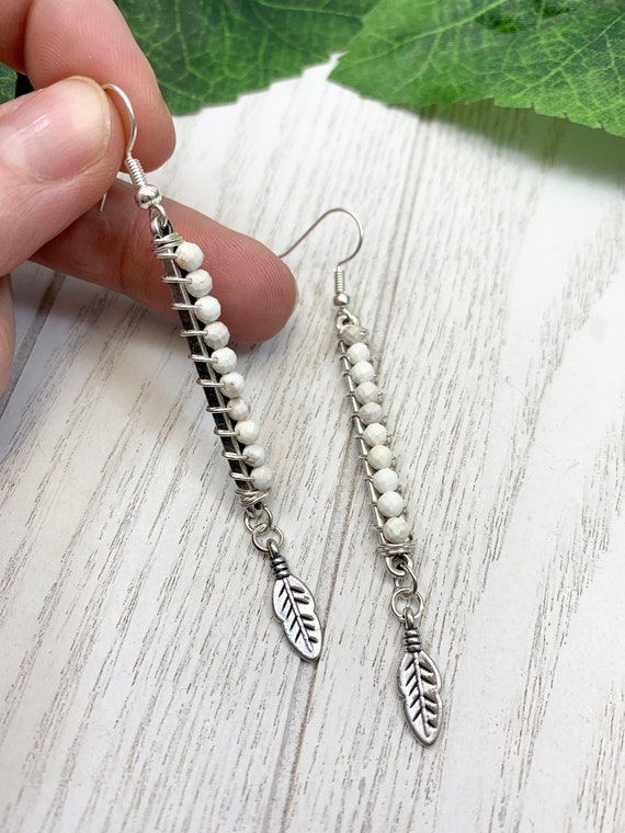 White Howlite Boho Feather Earrings - Calming Peace Patience