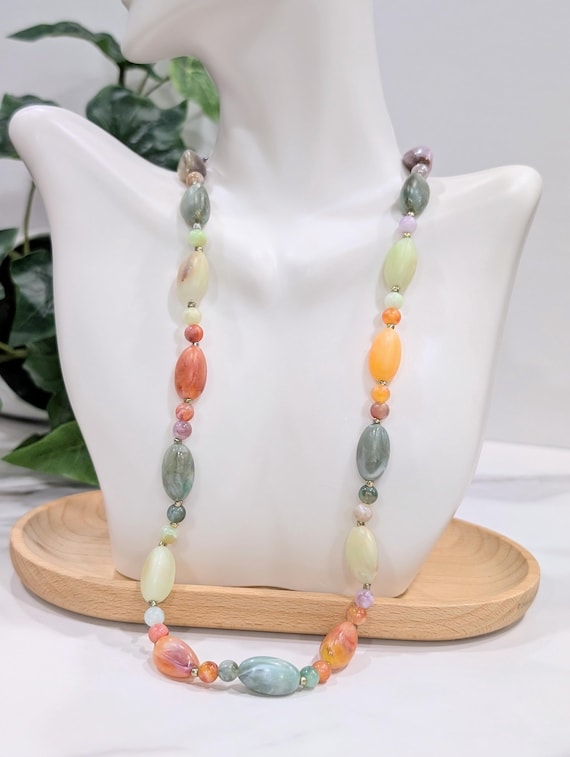 Pastel Multicolor Acrylic Bead Necklace - Boho Statement Jewelry