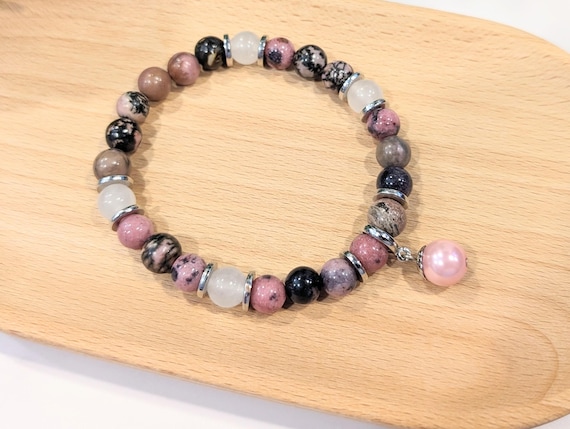 Pink Rhodonite Charm Bracelet • Rhodonite Bracelet for Unconditional Love, Heart Healing and Self-Confidence • Crystal Rhodonite Jewelry