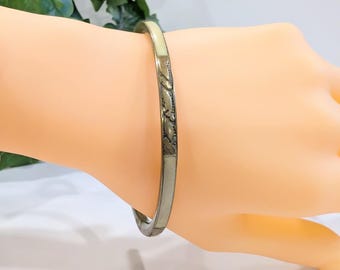 Vintage Brass Bone Inlay Bangle Bracelet, Engraved Floral Leaf Design, Cream Boho Ethnic Jewelry