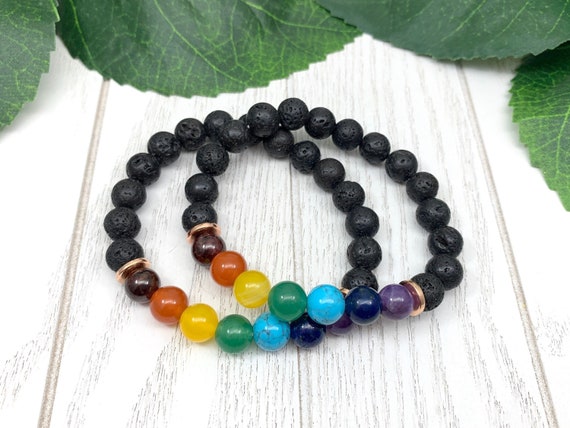 Lava Stone Chakra Bracelet - 7 Gemstone Aromatherapy Anxiety Relief 8mm