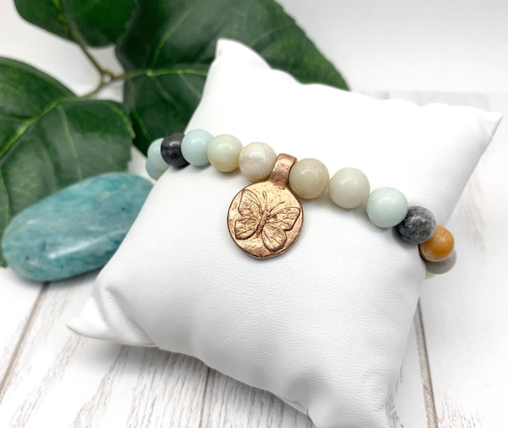 Flower Amazonite Rose Gold Butterfly Dream Bracelet • Butterfly Charm Bracelet • Handmade Amazonite Jewelry