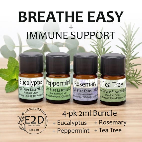 Respiratory + Immune Support Essential Oil Bundle – Set of 4 2ml Bottles for Aromatherapy