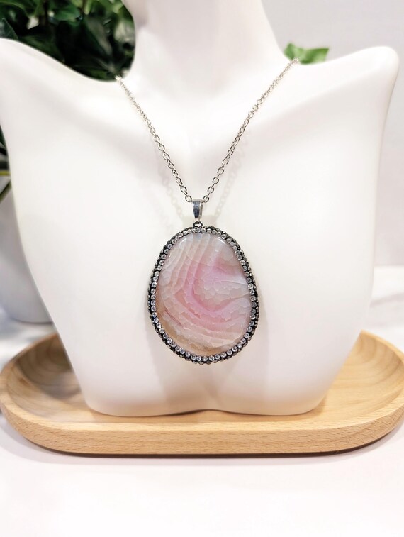 Pink Agate Slice Rhinestone Pendant Necklace - Heart Healing Love 18in