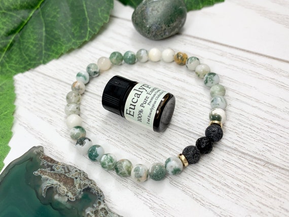 Green Tree Agate Oil Diffuser Bracelet, Lava Stone Diffuser, Aromatherapy Jewelry (6mm)
