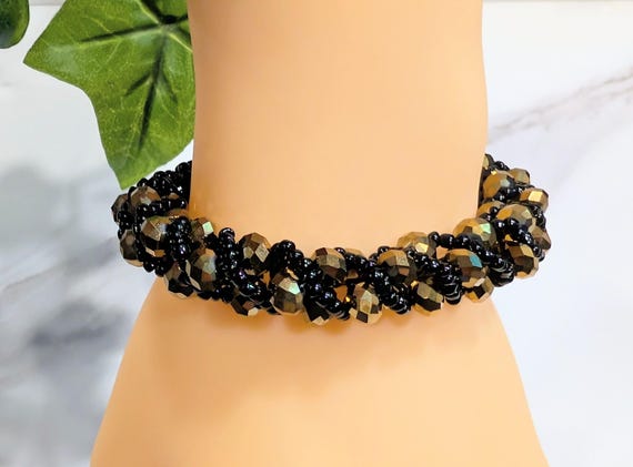 Handmade Black Gold Crystal Beaded Bracelet - Spiral Glass Beads, Seed Beads, Magnetic Clasp