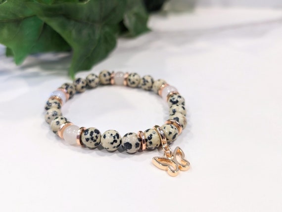 Dalmatian Jasper Beaded Bracelet – Rose Gold & Clear Quartz Charm Bracelet