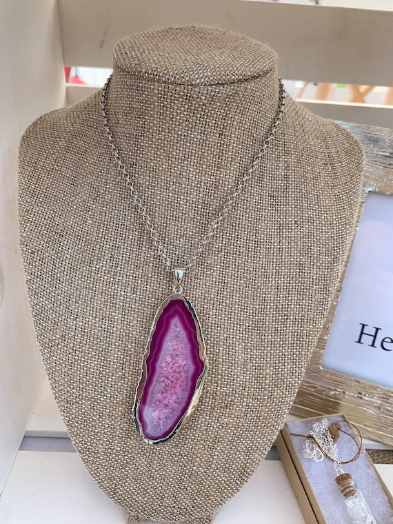 Pink Agate Pendant Necklace — Statement Slice Gem Jewelry