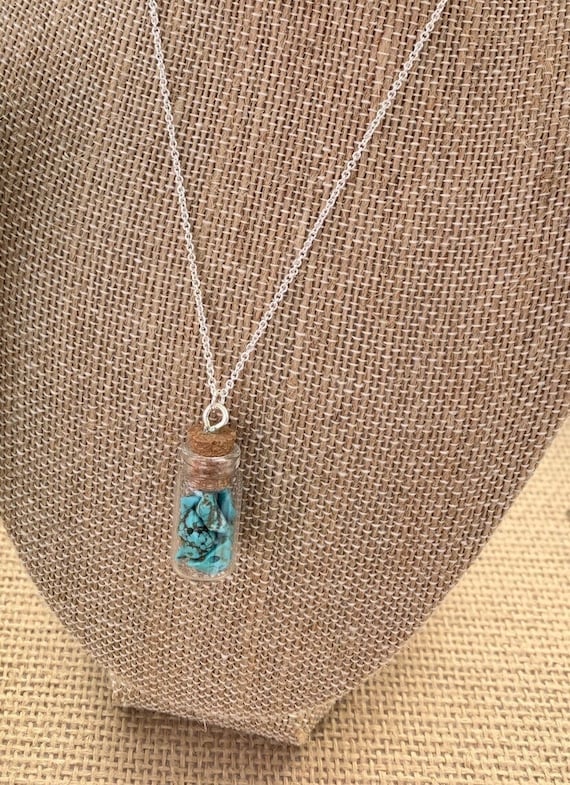 Turquoise Bottle Necklace • Dainty Turquoise Pendant Necklace • Minimalist Crystal Boho Jewelry • Necklace for Stress Relief and Confidence
