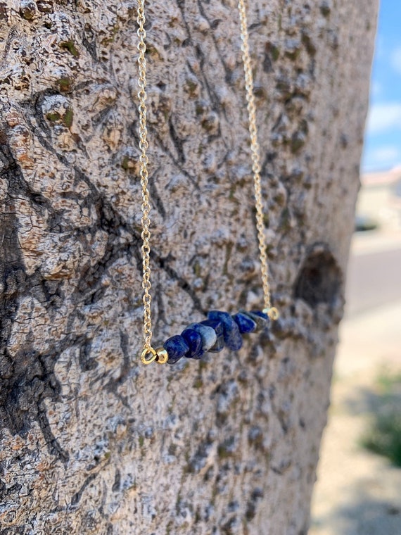 Dainty Gold Lapis Chip Necklace — Minimalist Lapis Lazuli Bar Pendant