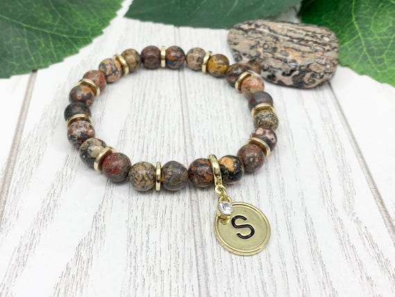 Personalized Leopard Skin Jasper Initial Bracelet — Custom Monogram Jewelry