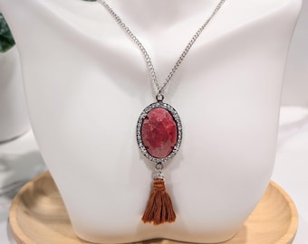 Red Jasper Tassel Necklace, 16-19" Silver Boho Gemstone Jewelry, Handmade Bohemian Statement