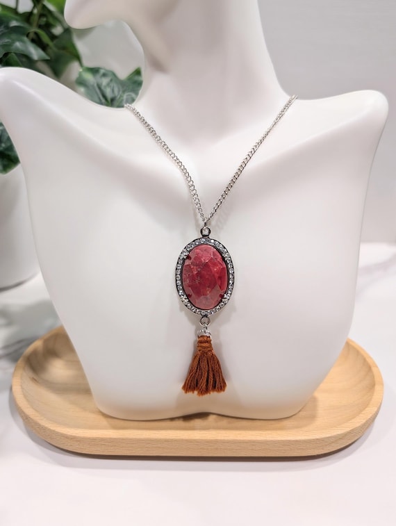 Red Jasper Rhinestone Tassel Necklace — Strength, Clarity & Protection Jewelry