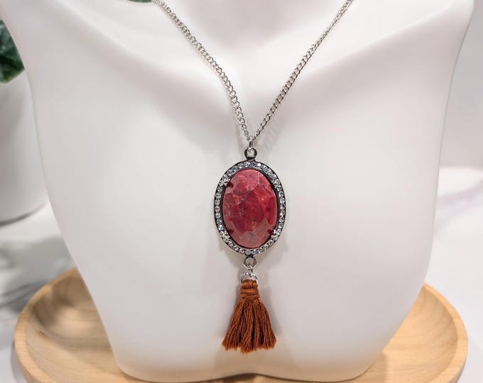 Red Jasper Rhinestone Tassel Necklace