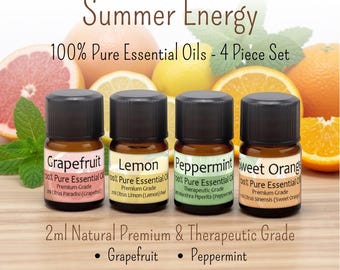 Summer Energy Essential Oil Set of 4, Citrus and Mint Aromatherapy Diffuser Refills (2ml), Natural Perfume Fragrance