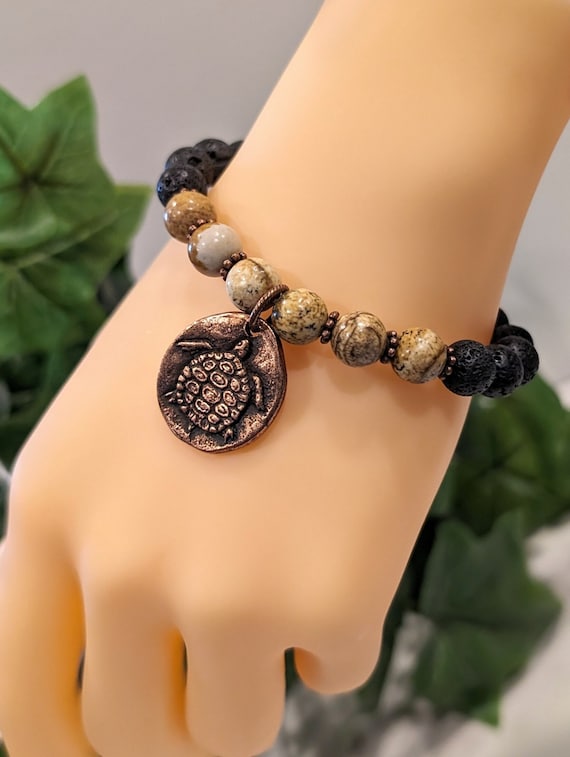 Black Lava Stone & Picture Jasper Bracelet, Mens Copper Bracelet, 'Sink or Swim' Boho Turtle Jewelry