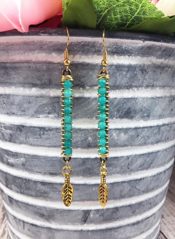 Teal Green Agate Boho Wire Wrapped Earrings