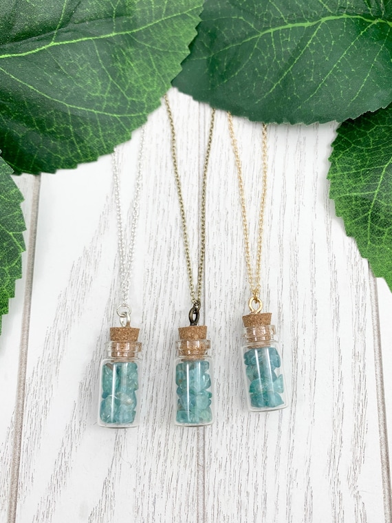 Blue Apatite Bottle Necklace • Dainty Apatite Pendant Necklace • Minimalist Crystal Boho Jewelry • Necklace for Inspiration and Motivation