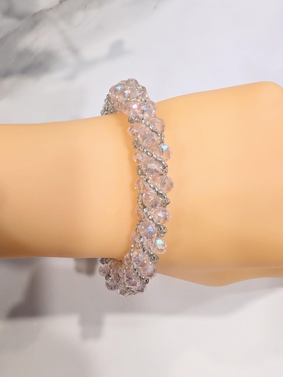 Iridescent Pink & Silver Russian Spiral Bracelet — Magnetic Crystal Seed Bead Jewelry