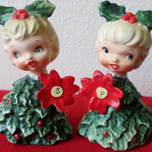 Vintage  1950's Christmas Holt Howard Holly Girls Salt & Pepper Shakers #6216**Epsteam