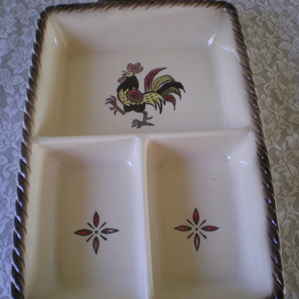 Vintage METLOX Poppytrail  Red  Rooster Pattern  Divided Three Part Serving Dish**  Epsteam