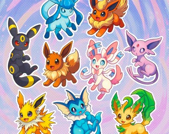 Eeveelution Vinyl Stickers / 2 Inch / Waterproof / Poké / Vaporeo / Umbreo / Jolteo / Flareo / Espeo / Leafeo / Sylveo / Glaceo