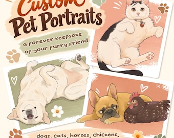 Custom Pet Portrait, Hand Drawn Digital Pet Illustration, Dog Cat Horse Reptile Bird Art
