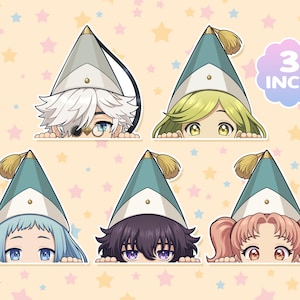 May include: Five 3-inch stickers featuring anime-style characters wearing teal and white pointed hats with gold tassels. Each character is shown from the chest up, peeking over a ledge with visible hands. The characters have varied hair colors.