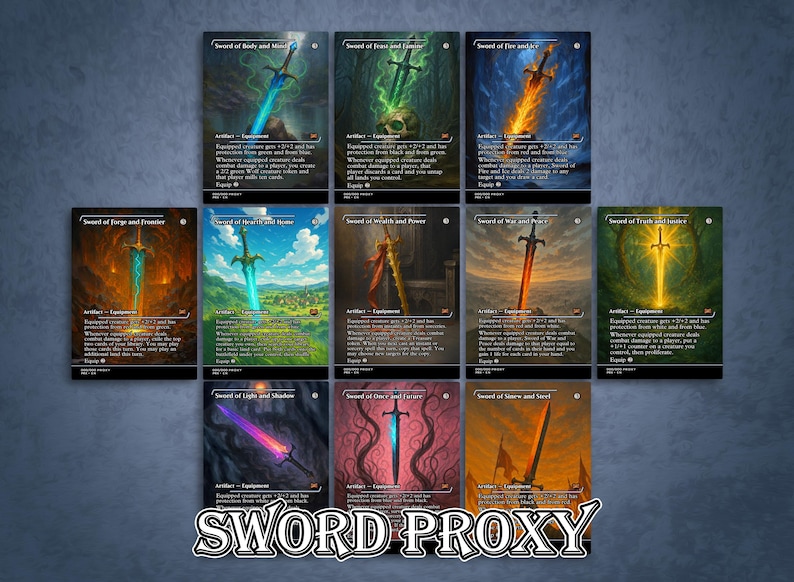 May include: A collection of fantasy art cards featuring various swords with unique designs and color schemes. Each card showcases a different sword, with titles like "Sword of Fire and Ice" and "Sword Proxy" text at the bottom.