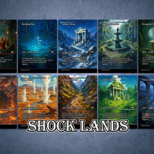 May include: A collection of ten fantasy art cards, each depicting a unique landscape with vibrant colors and detailed illustrations. The cards feature text and the words "SHOCK LANDS" in a stylized font.