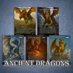 May include: Five fantasy card game cards featuring dragons in various colors: bronze, brass, silver, copper, and gold. Each card has a unique dragon illustration and game text. The text "ANCIENT DRAGONS" is displayed at the bottom.