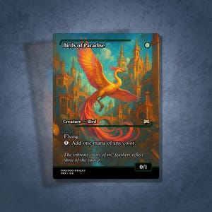 May include: A fantasy art card titled "Birds of Paradise" featuring a phoenix with orange and yellow feathers against a backdrop of a city with blue and gold hues. The card text includes "Creature - Bird" and "Flying".