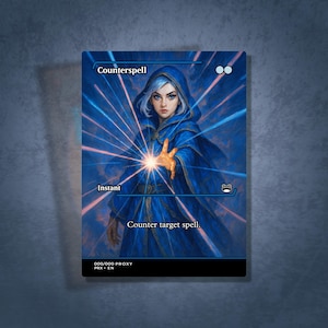 May include: A blue and white fantasy card featuring a robed figure with silver hair, casting a spell. The card reads "Counterspell" and "Instant", with the text "Counter target spell." The card has a blue and white energy burst design.