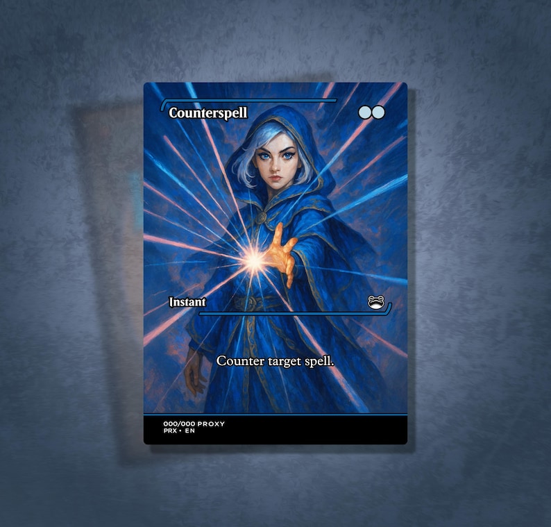 May include: A blue and white fantasy card featuring a robed figure with silver hair, casting a spell. The card reads "Counterspell" and "Instant", with the text "Counter target spell." The card has a blue and white energy burst design.