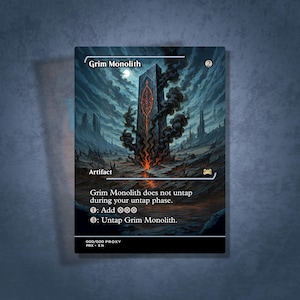 May include: A Grim Monolith card featuring a dark, ominous landscape with a towering stone structure. The card text includes "Grim Monolith" and "Artifact", with instructions for gameplay. The artwork is detailed with a fantasy theme.