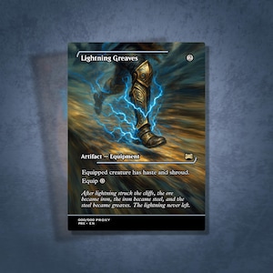 May include: A fantasy card featuring "Lightning Greaves." The artwork depicts a leg clad in ornate, golden armor with blue lightning bolts. The card is labeled "Artifact - Equipment" and includes descriptive text. The card has a blue and brown background.