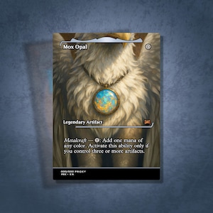 May include: A Mox Opal card featuring a detailed illustration of a furry creature with a pendant. The pendant has a blue and yellow opal. The card text includes "Legendary Artifact" and "Metalcraft".