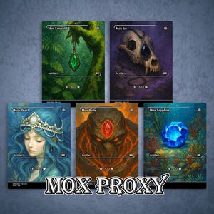 May include: Five fantasy art cards featuring gemstones and mystical creatures. The cards include an emerald, a skull, a woman with a pearl crown, a fiery creature, and a sapphire. The text "MOX PROXY" is at the bottom.