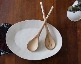 AFRICAN Olive Wood SALAD SERVERS / Hand Carved / Striped Bone Inlay / Wooden Server Utensil Set