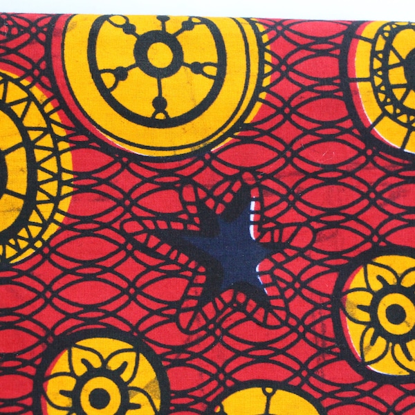 AFRICAN WAX PRINT Fabric / Red Yellow / Batik Kitenge Ankara Fabric / Sold By The Half Yard / 100% cotton