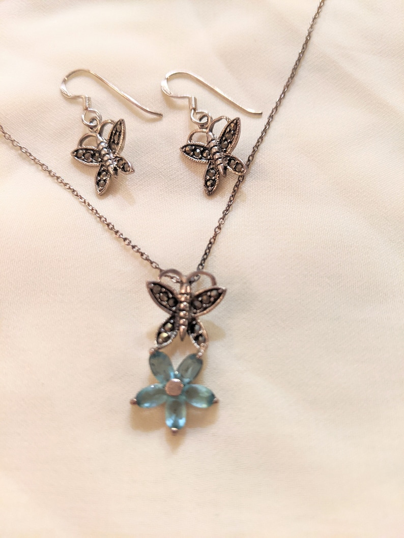Butterfly Necklace /& Earring Set Blue Stone Marquasite Sterling Silver