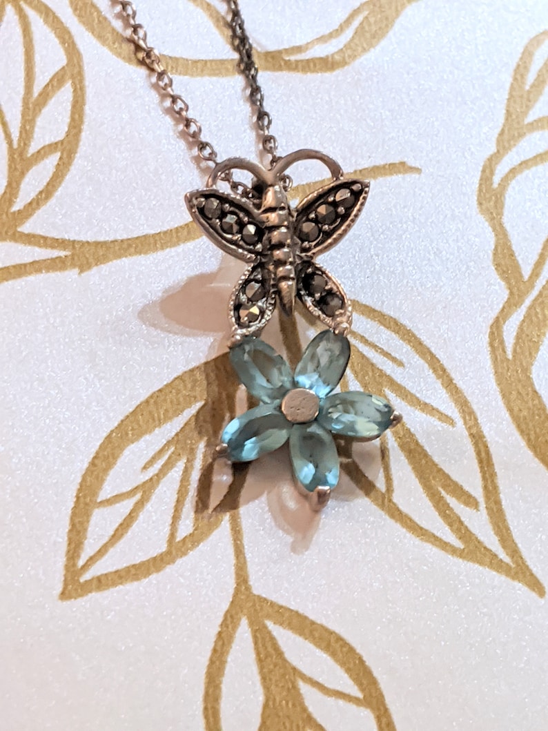 Butterfly Necklace /& Earring Set Blue Stone Marquasite Sterling Silver
