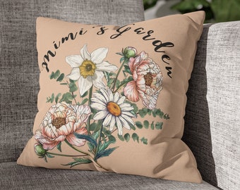 Mimi Grandma Custom Gift, Throwpillow with Birth Flowers and Grandkid's Names, Mother's Day Gift for Her, Beige Square Pillow with Case