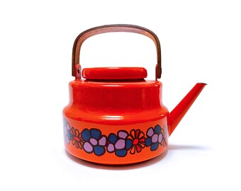 Rare Vintage Brabantia Enamel Tea Kettle | Retro Orange Teapot | 1970's